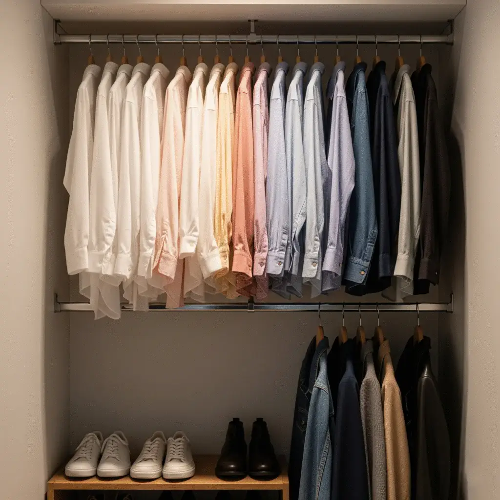small-closet-with-double-hanging-rods-and-neatly-arranged-clothes