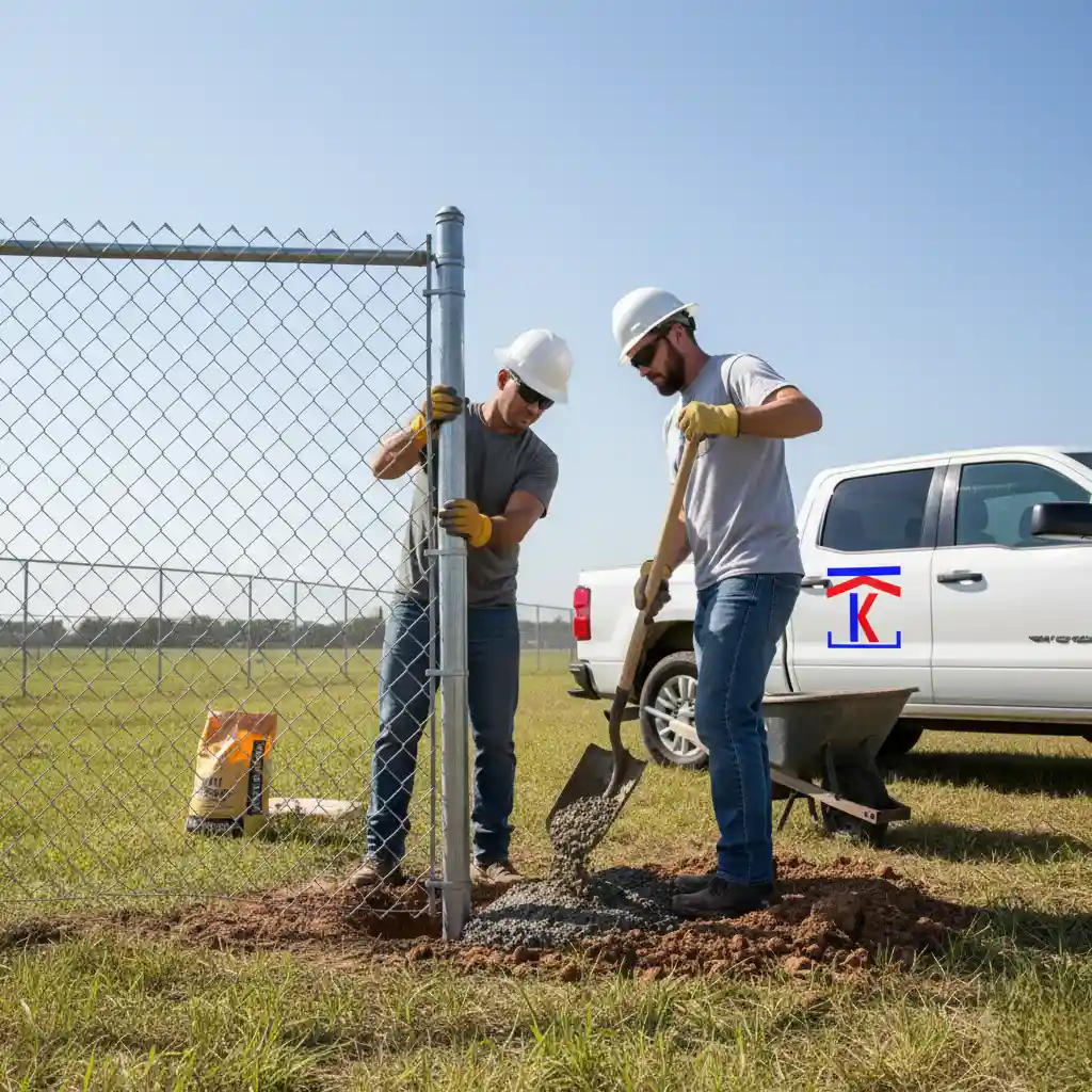 Professional-resetting-a-chain-link-fence-post-with-concrete