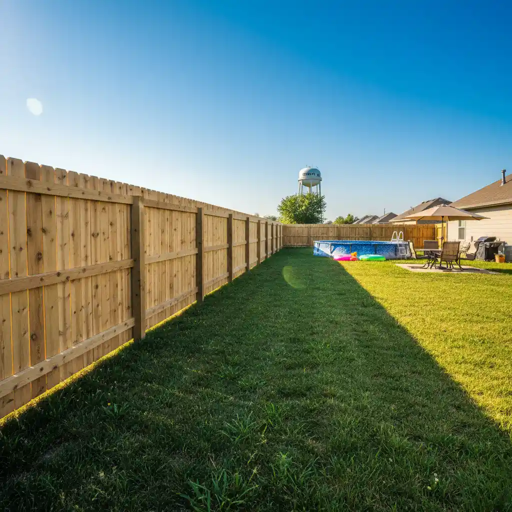 Coweta-backyard-during-summer-with-bright-sunlight-hitting-a-wooden-fence.