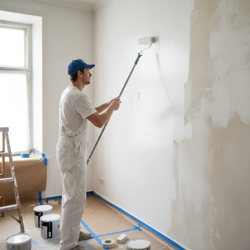 Painter-applying-bonding-primer-to-freshly-repaired-plaster-walls