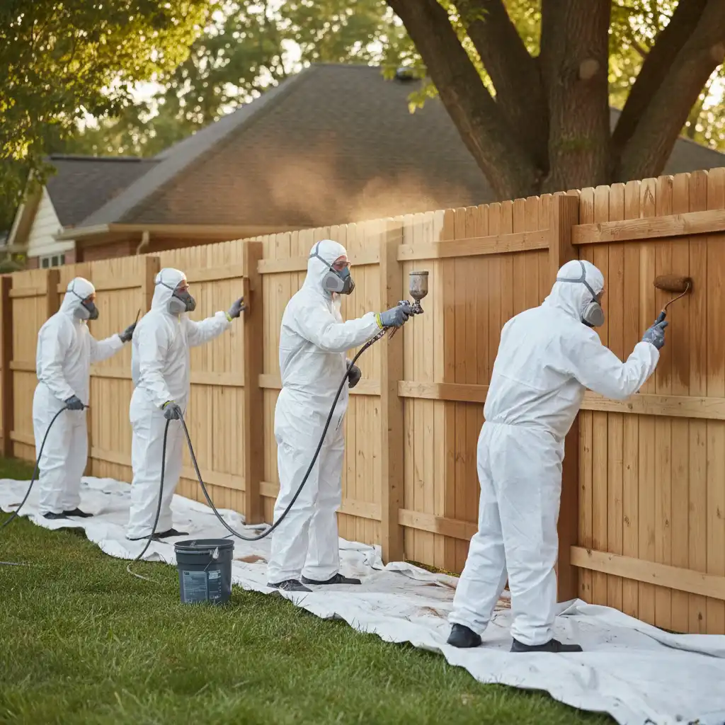 Professional-team-painting-a-fence-efficiently-with-protective-gear.