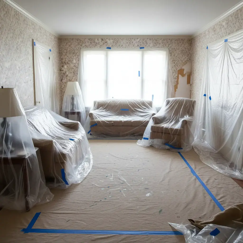 Room-covered-with-plastic-sheets-and-drop-cloths-before-wallpaper-removal-