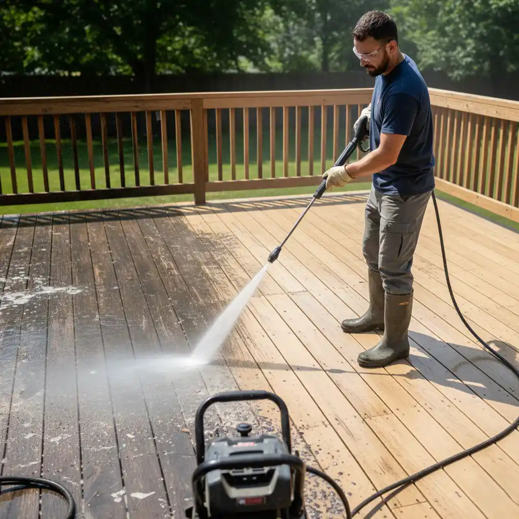 Technician-power-washing-a-deck-to-remove-contaminants-before-painting