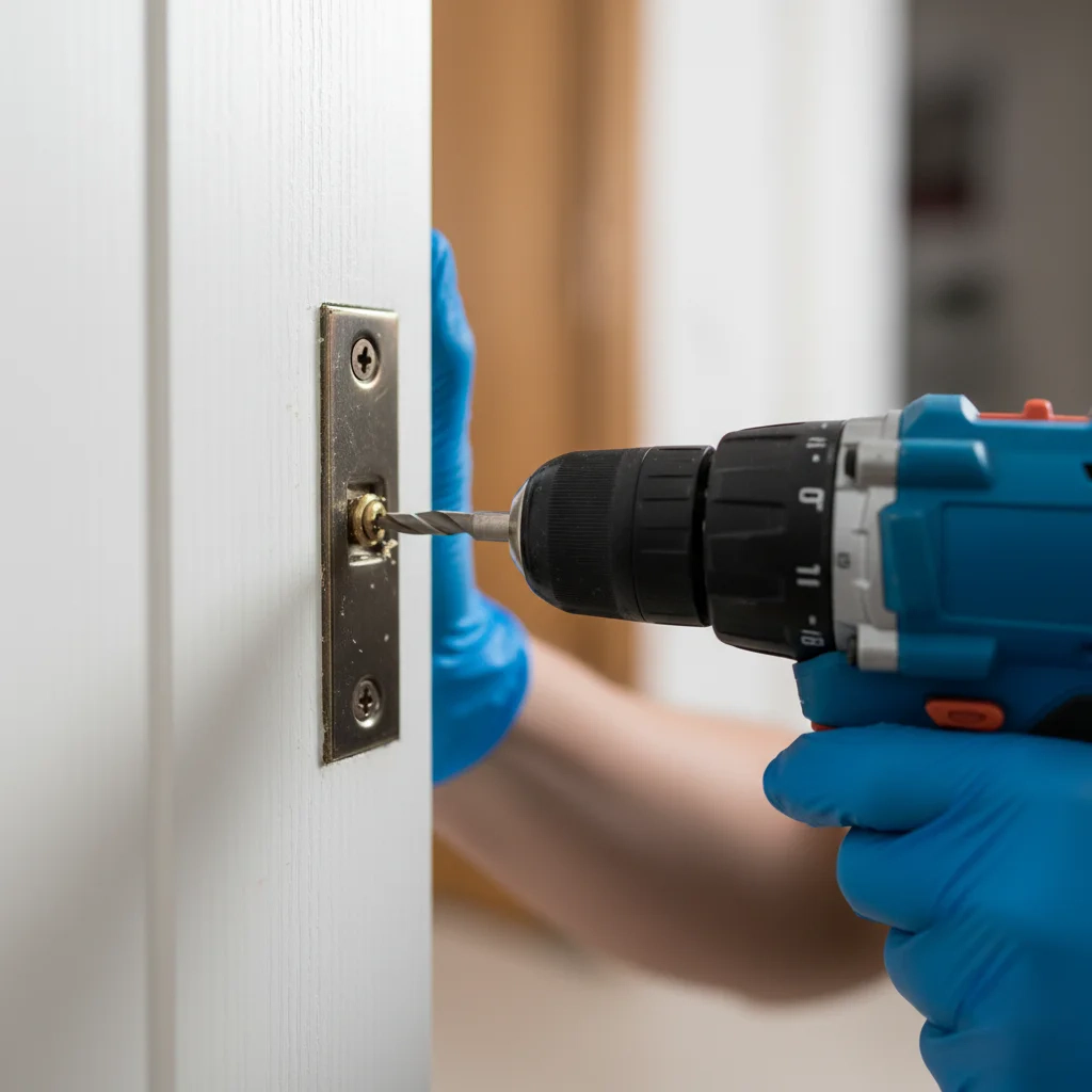 Technician-tightening-a-strike-plate-or-hinge-screws