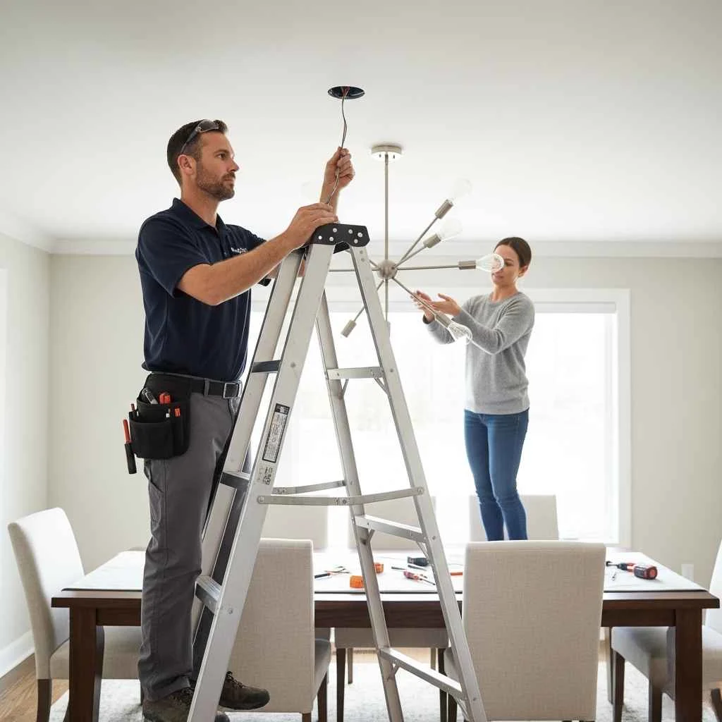 professional electrician installing a dining room light fixture