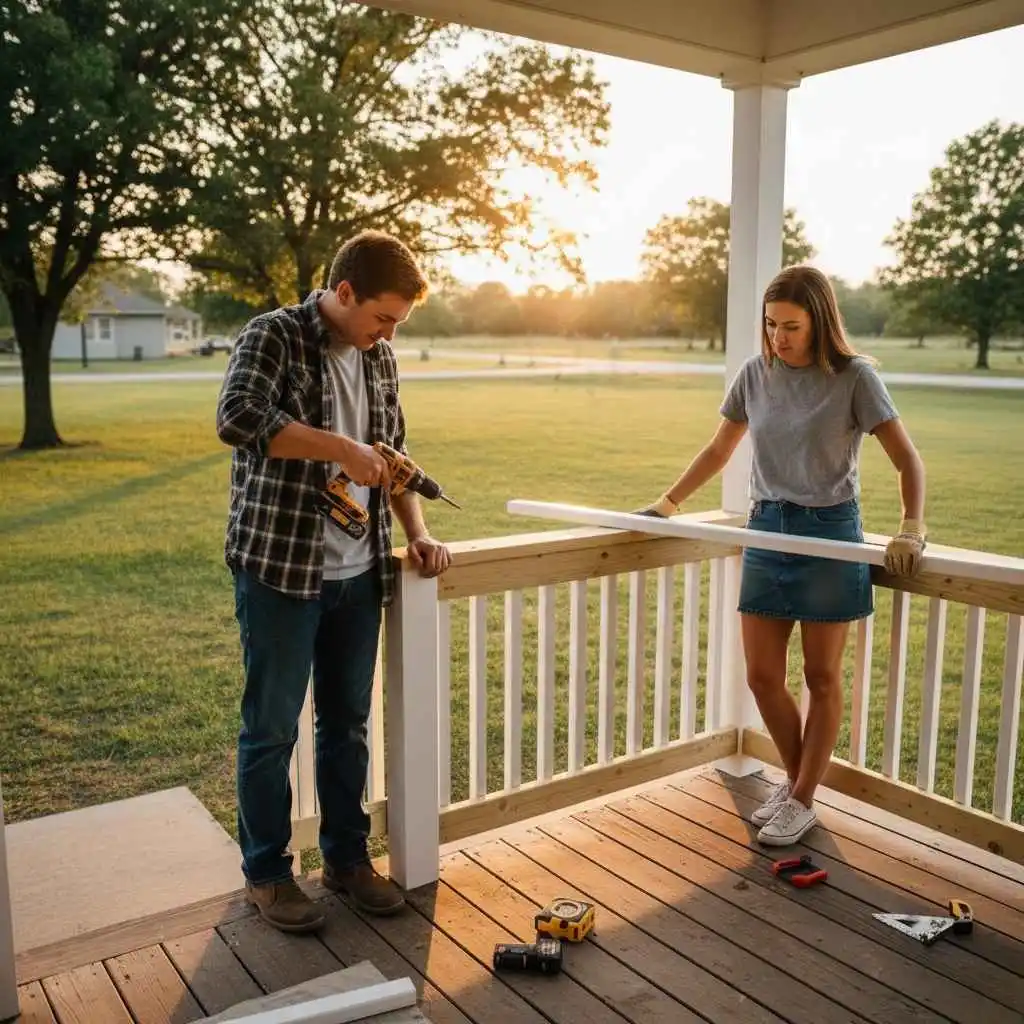 DIY porch railing being installed