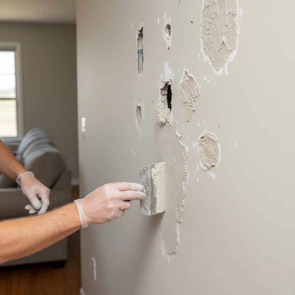 Technician applying drywall patch