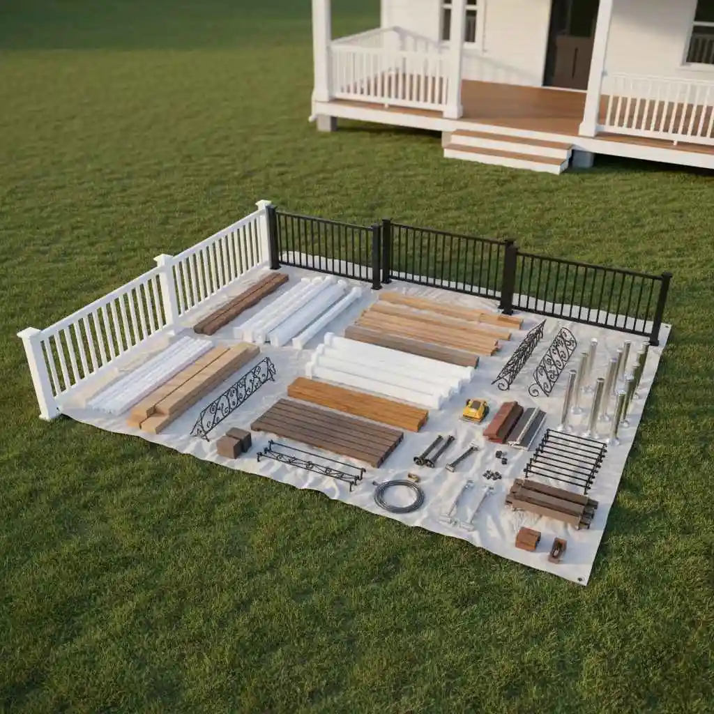 different porch railing materials laid out