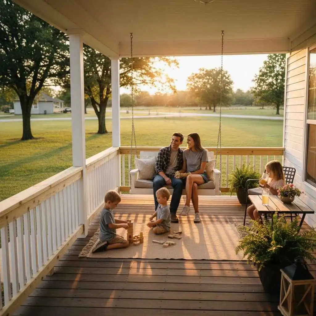 finished porch with family enjoying outdoor space