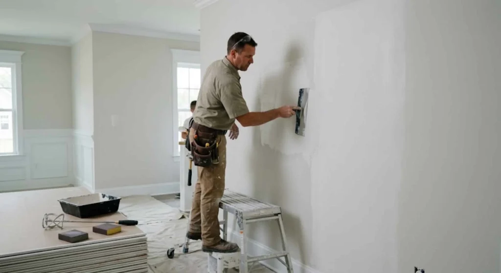 technician repairing drywall or smoothing wall surface