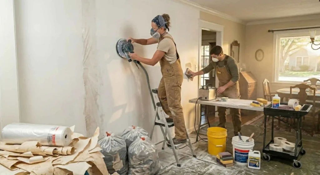 wall repair and sanding process