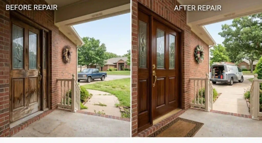 Before and after door repair service in Broken Arrow property