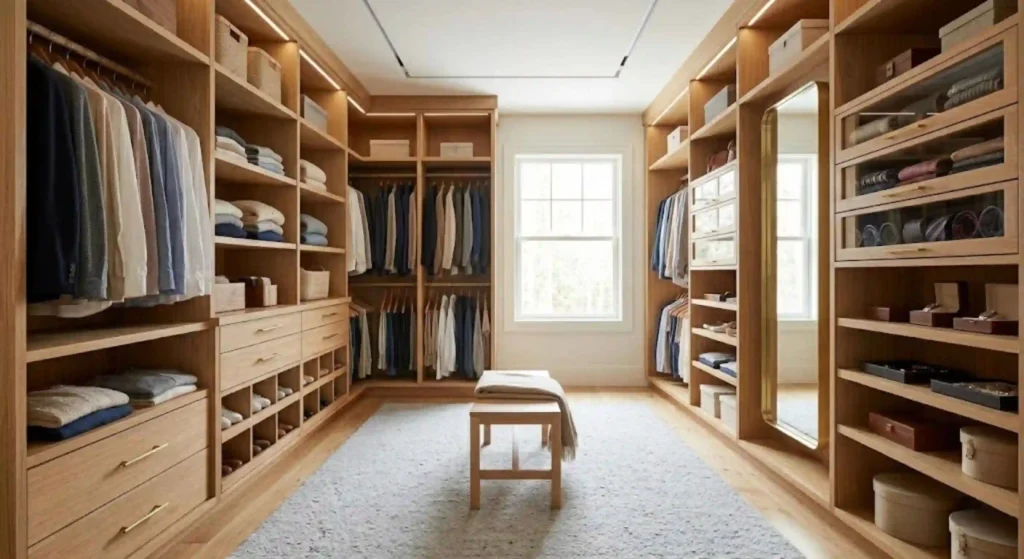 modern, fully organized walk-in closet