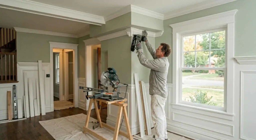 Trim carpentry expert installing crown moulding in Broken Arrow