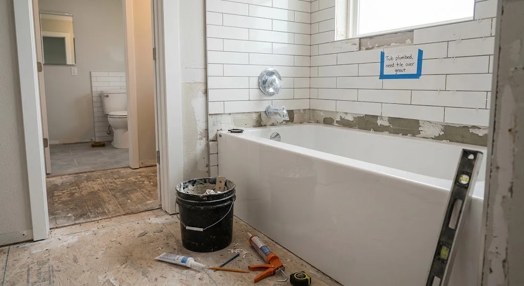 Modern bathtub replacement prepared for professional installation in Coweta Oklahoma