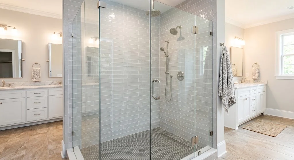 Finished shower with clean tile layout and frameless glass door.